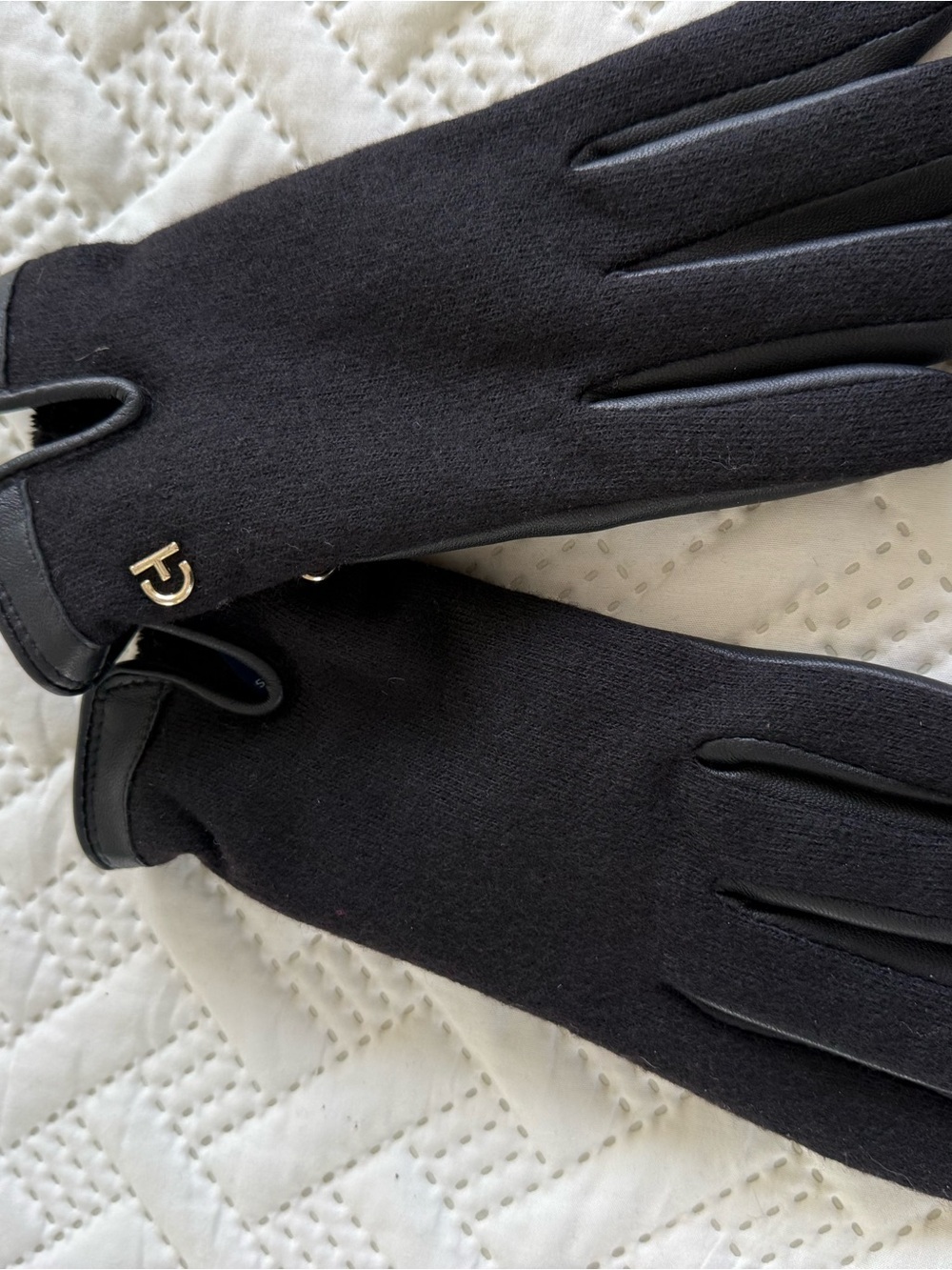 Cole Haan Black Wool-Blend Gloves with Gold Logo